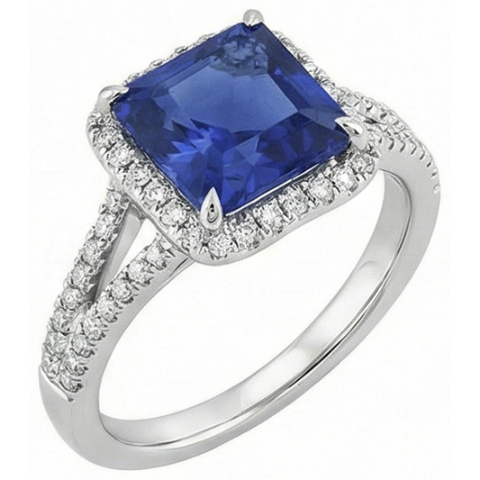 Anello con gemme di diamanti 5 carati Halo gioielli in oro con zaffiro blu naturale