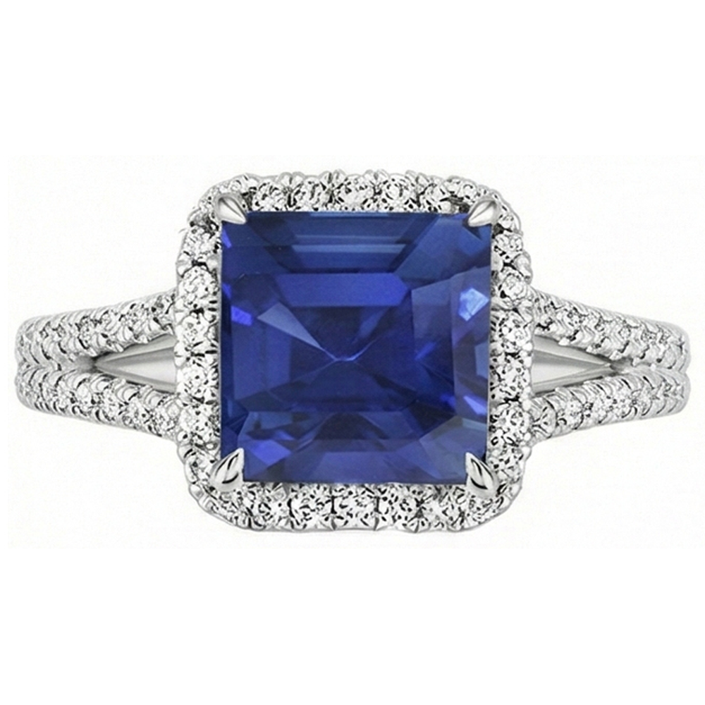 Anello con gemme di diamanti 5 carati Halo gioielli in oro con zaffiro blu naturale