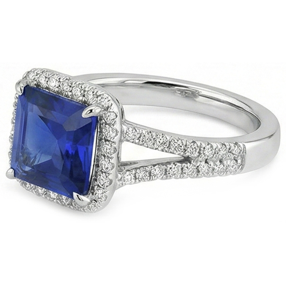 Anello con gemme di diamanti 5 carati Halo gioielli in oro con zaffiro blu naturale