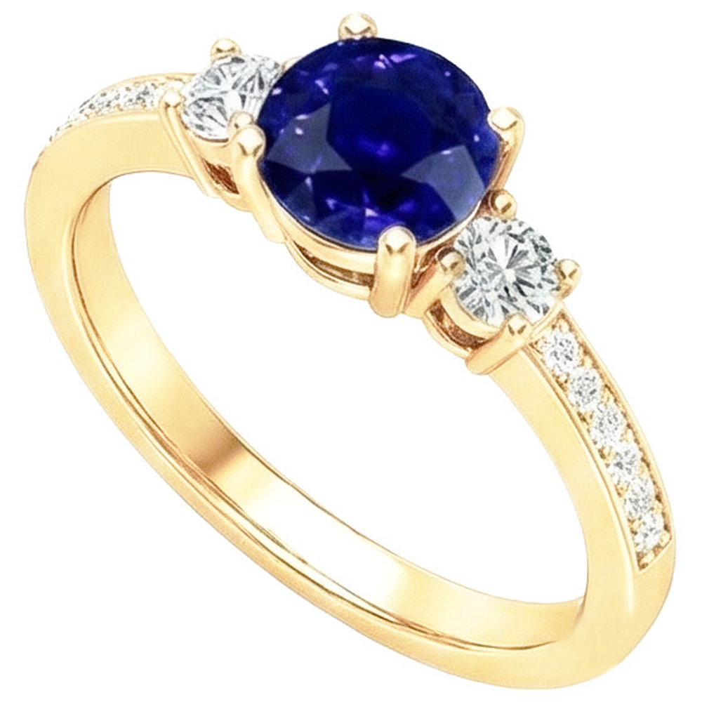 Anello con gemme di diamanti Zaffiro blu 2 carati 3 pietre stile oro giallo