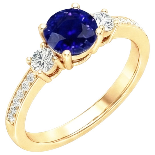 Anello con gemme di diamanti Zaffiro blu 2 carati 3 pietre stile oro giallo