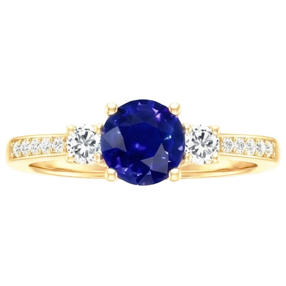 Anello con gemme di diamanti Zaffiro blu 2 carati 3 pietre stile oro giallo