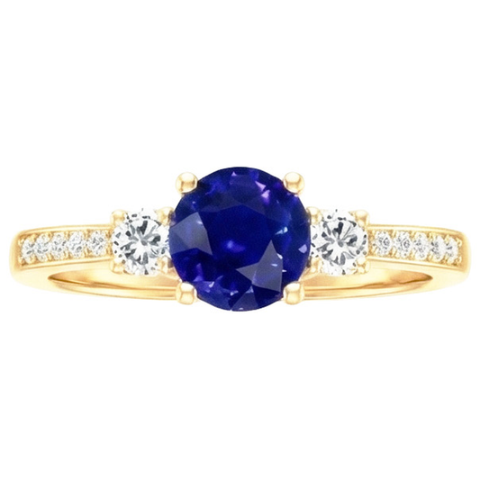 Anello con gemme di diamanti Zaffiro blu 2 carati 3 pietre stile oro giallo