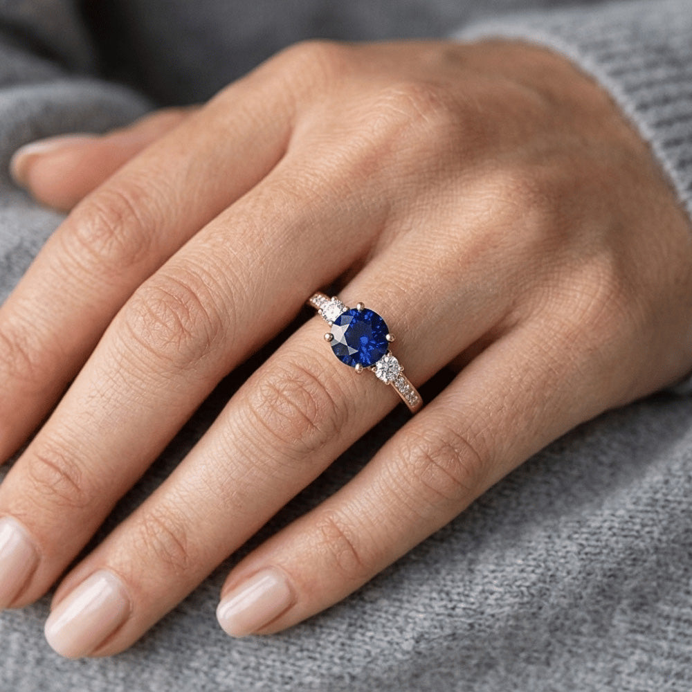 Anello con gemme di diamanti Zaffiro blu 2 carati 3 pietre stile oro giallo