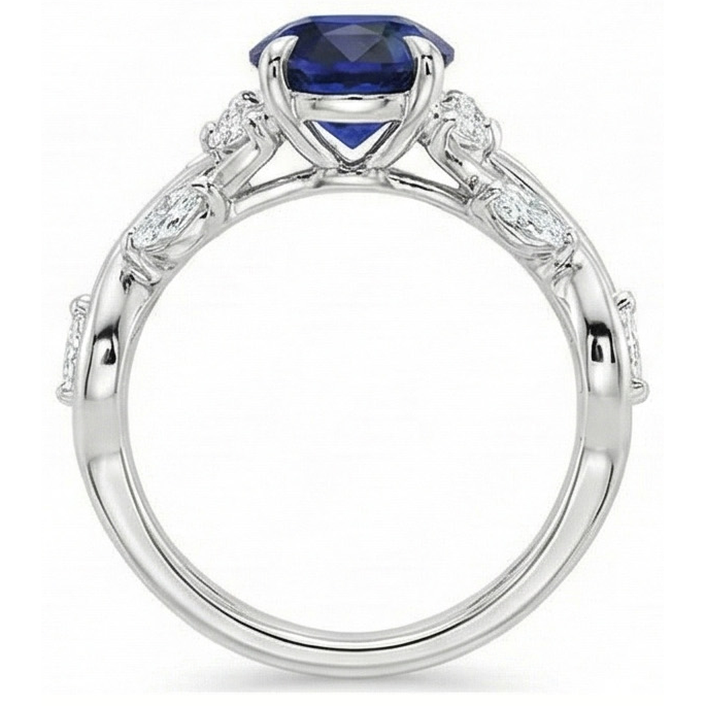 Anello con gemme di diamanti a forma di foglia con zaffiro blu taglio ovale 5 carati