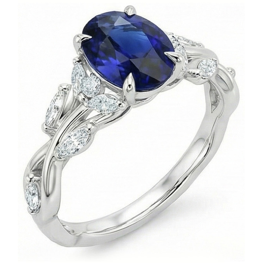 Anello con gemme di diamanti a forma di foglia con zaffiro blu taglio ovale 5 carati
