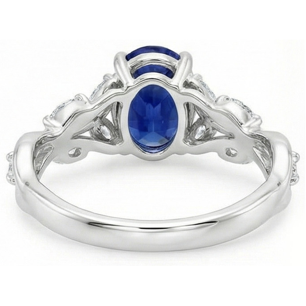 Anello con gemme di diamanti a forma di foglia con zaffiro blu taglio ovale 5 carati