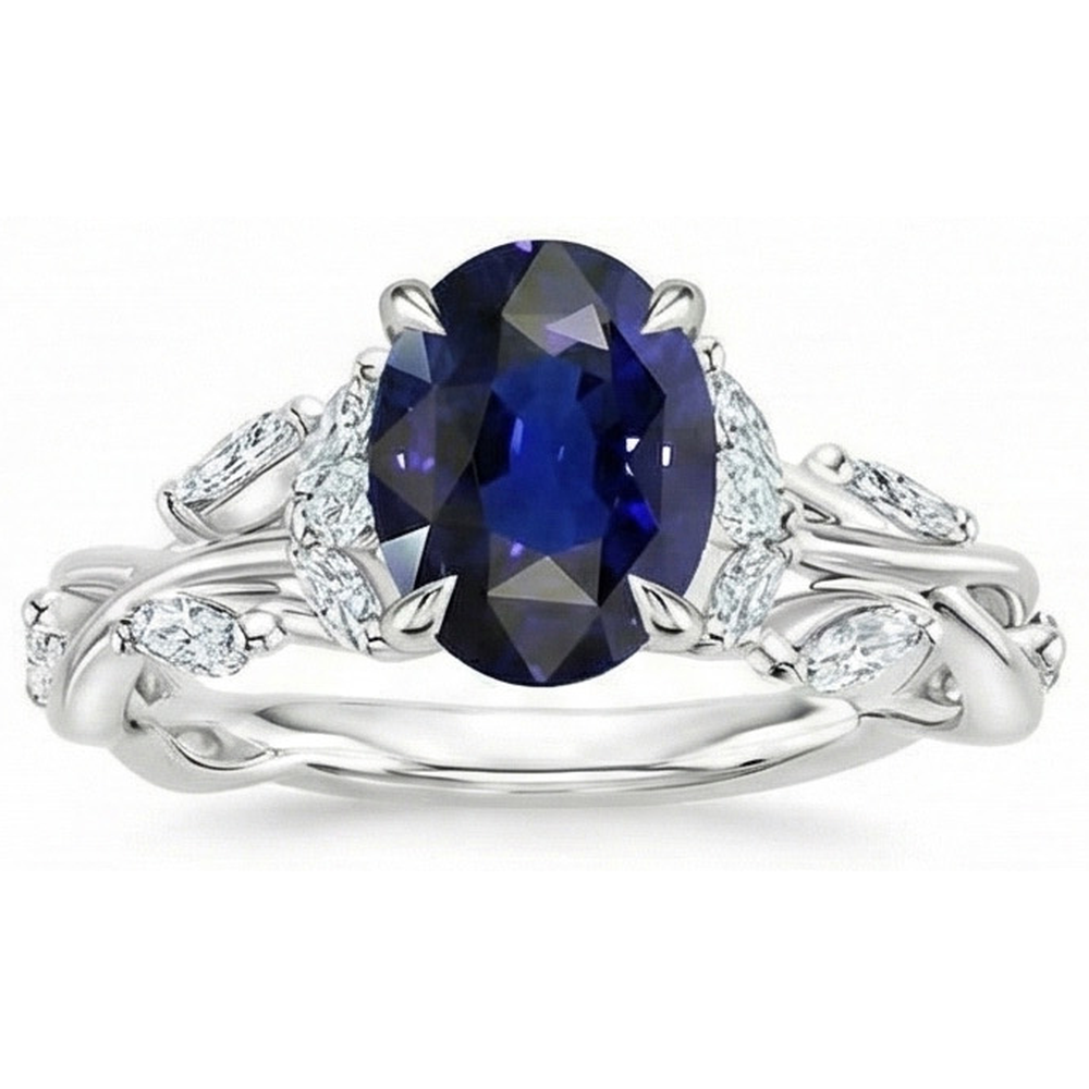 Anello con gemme di diamanti a forma di foglia con zaffiro blu taglio ovale 5 carati