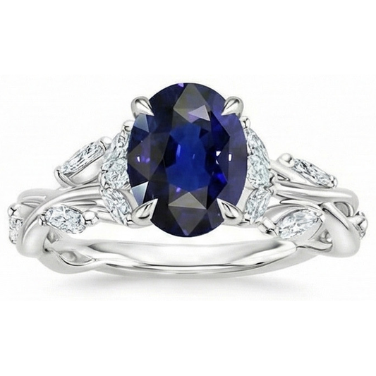 Anello con gemme di diamanti a forma di foglia con zaffiro blu taglio ovale 5 carati