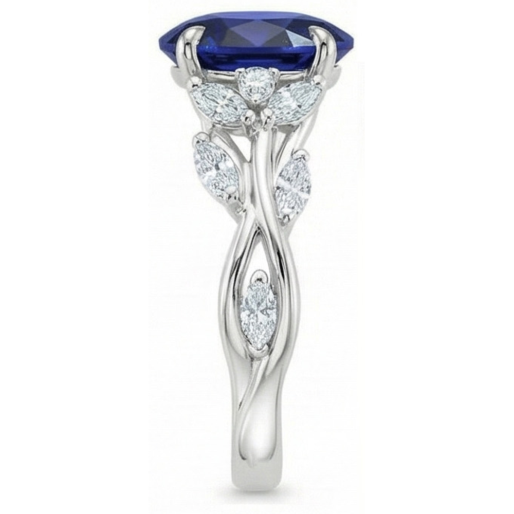 Anello con gemme di diamanti a forma di foglia con zaffiro blu taglio ovale 5 carati
