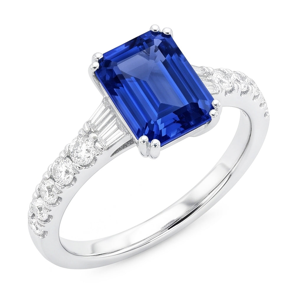 Anello con gemme di zaffiro blu baguette da 3,50 carati e accenti rotondi in oro bianco 14K