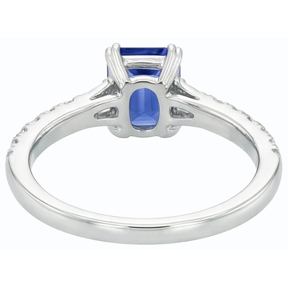 Anello con gemme di zaffiro blu baguette da 3,50 carati e accenti rotondi in oro bianco 14K