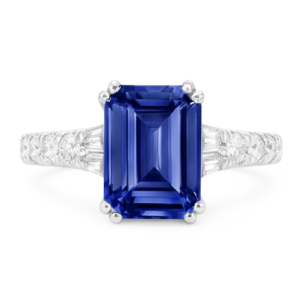 Anello con gemme di zaffiro blu baguette da 3,50 carati e accenti rotondi in oro bianco 14K