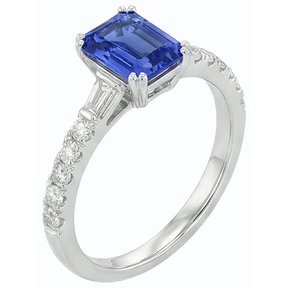 Anello con gemme di zaffiro blu baguette da 3,50 carati e accenti rotondi in oro bianco 14K
