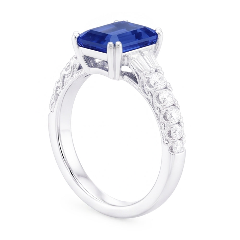 Anello con gemme di zaffiro blu baguette da 3,50 carati e accenti rotondi in oro bianco 14K