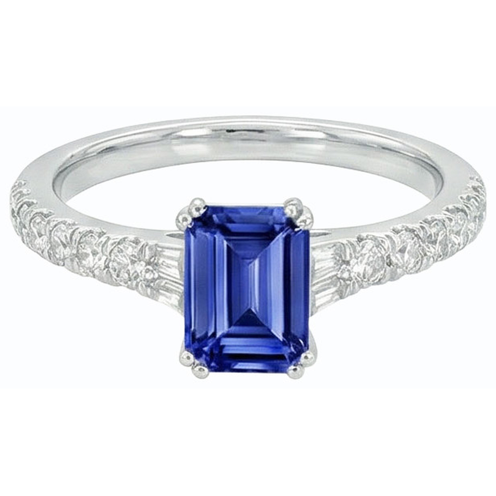 Anello con gemme di zaffiro blu baguette da 3,50 carati e accenti rotondi in oro bianco 14K