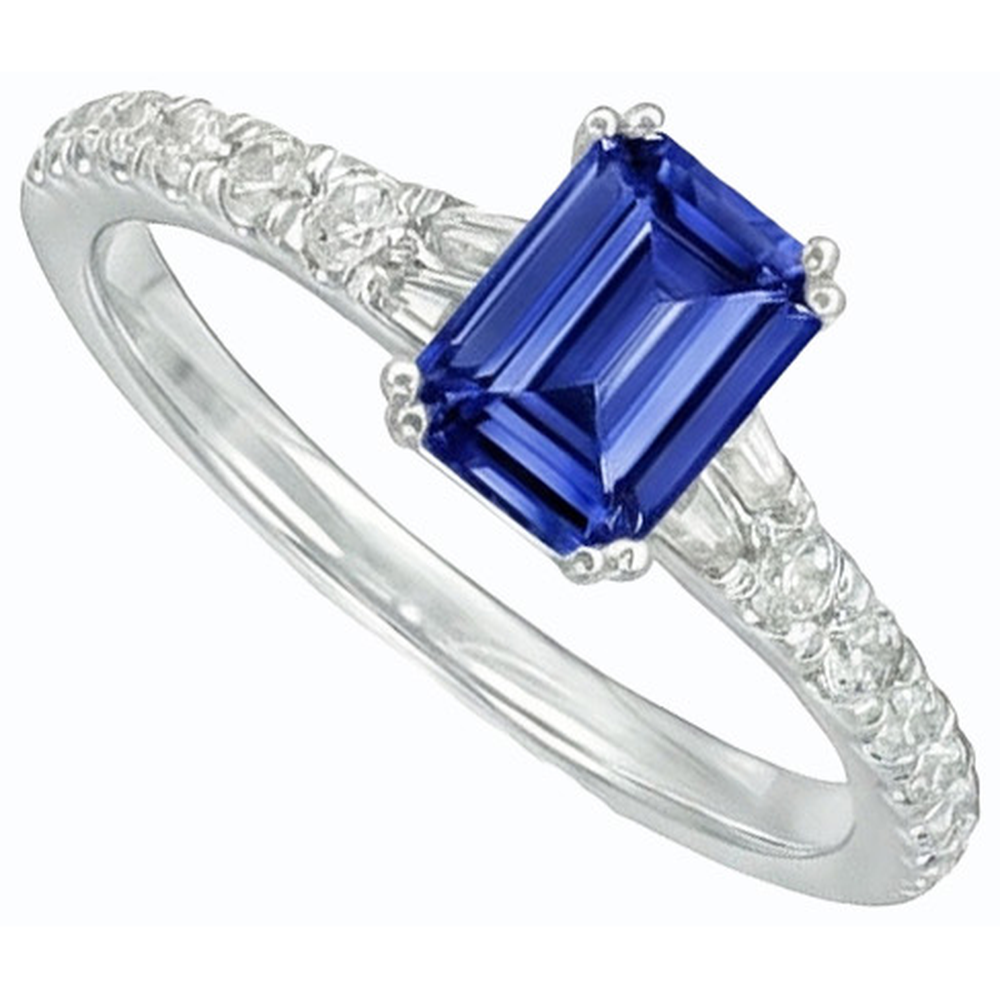 Anello con gemme di zaffiro blu baguette da 3,50 carati e accenti rotondi in oro bianco 14K