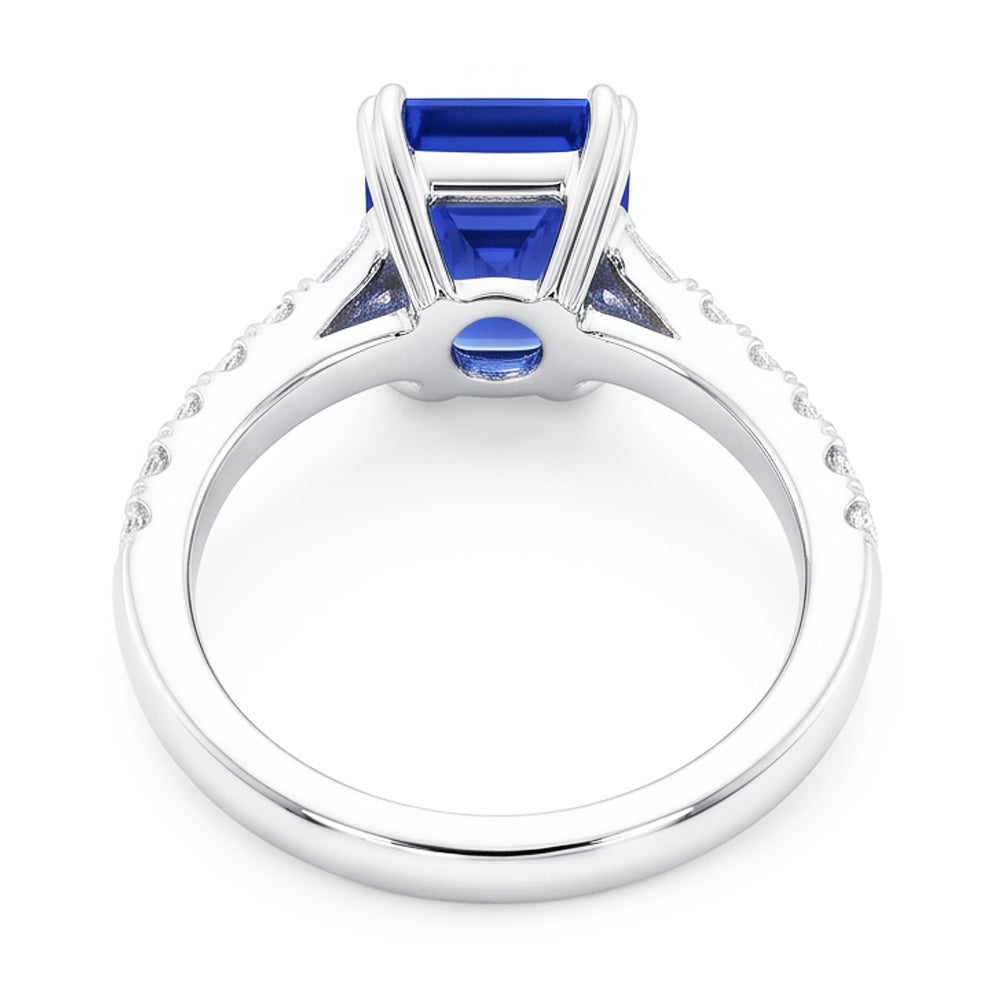 Anello con gemme di zaffiro blu baguette da 3,50 carati e accenti rotondi in oro bianco 14K