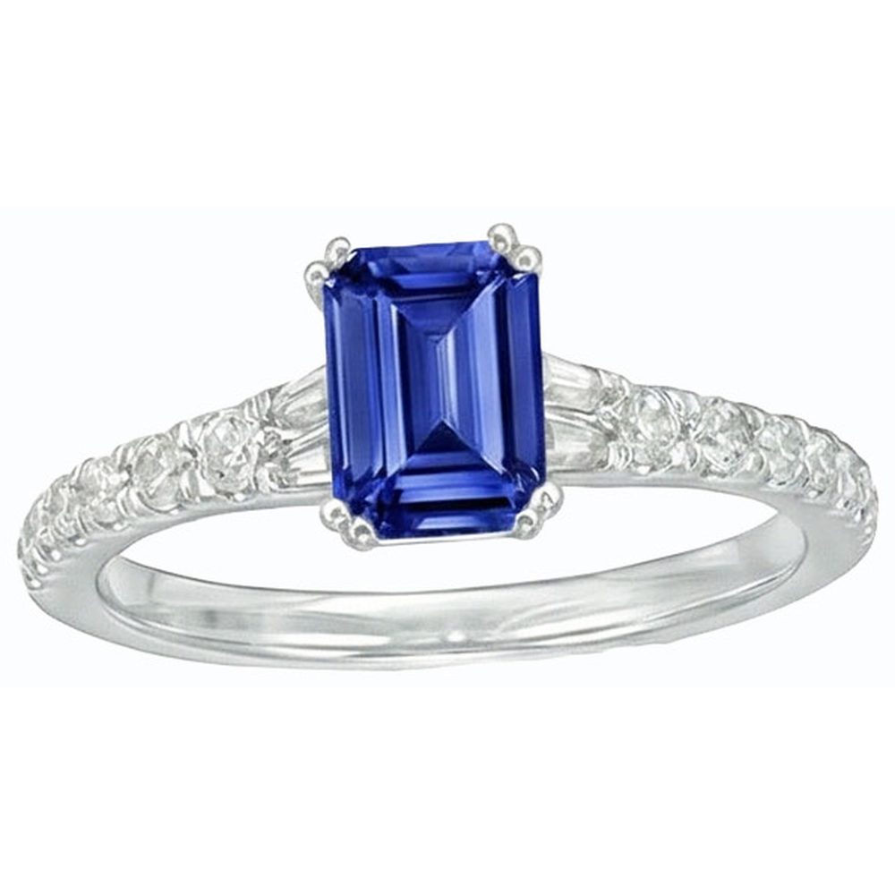 Anello con gemme di zaffiro blu baguette da 3,50 carati e accenti rotondi in oro bianco 14K