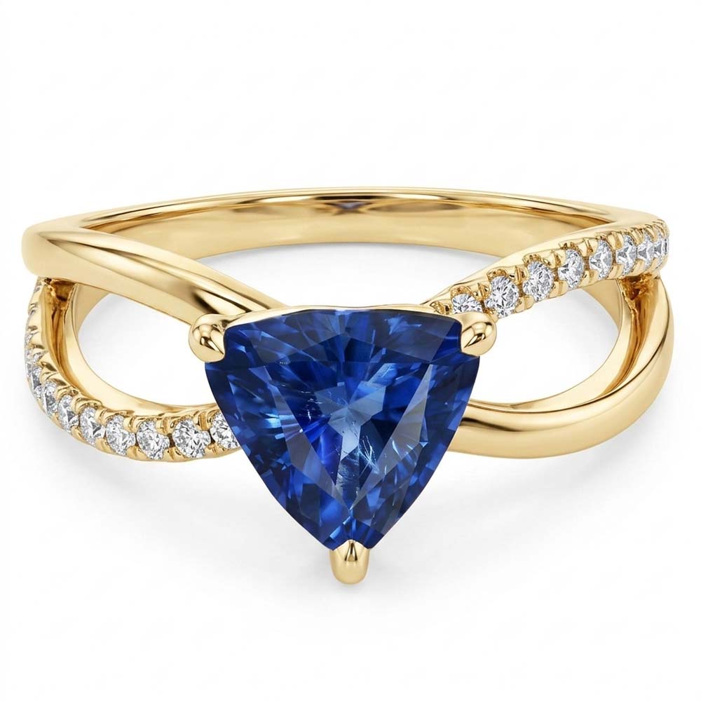 Anello con gemme di zaffiro di Ceylon Trilioni di diamanti a gambo diviso da 1.50 carati