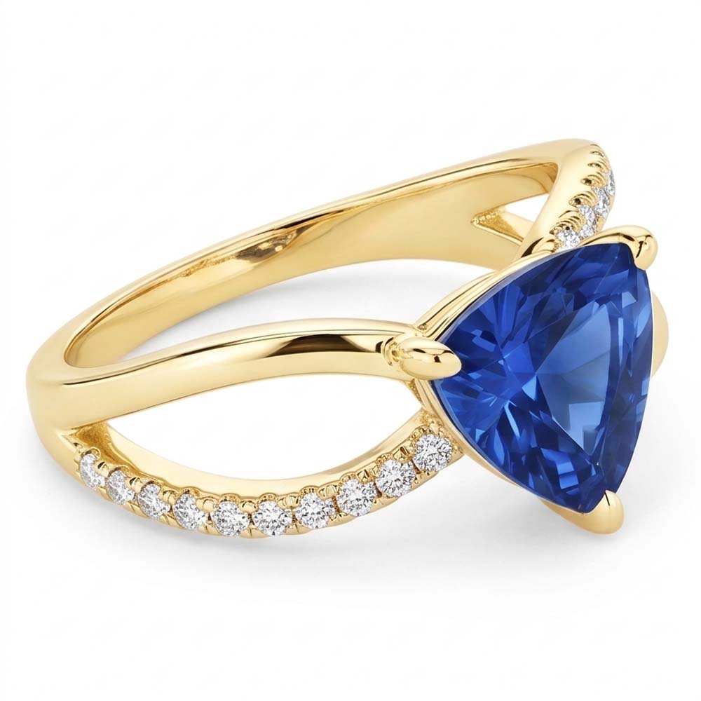 Anello con gemme di zaffiro di Ceylon Trilioni di diamanti a gambo diviso da 1.50 carati