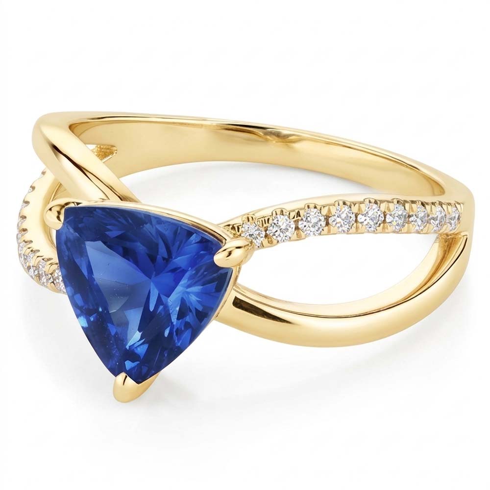 Anello con gemme di zaffiro di Ceylon Trilioni di diamanti a gambo diviso da 1.50 carati