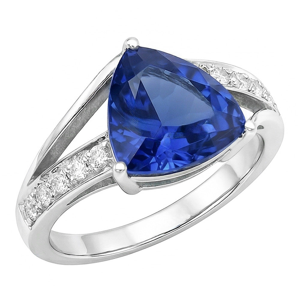 Anello con gemme di zaffiro e diamanti. gioielli da donna in oro con gambo diviso 2 carati
