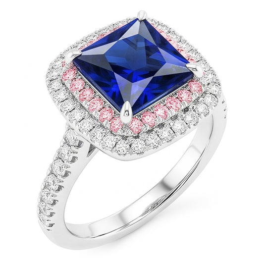 Anello con gemme e diamanti. zaffiro blu e rosa. doppio alone. 6.50 carati d'oro