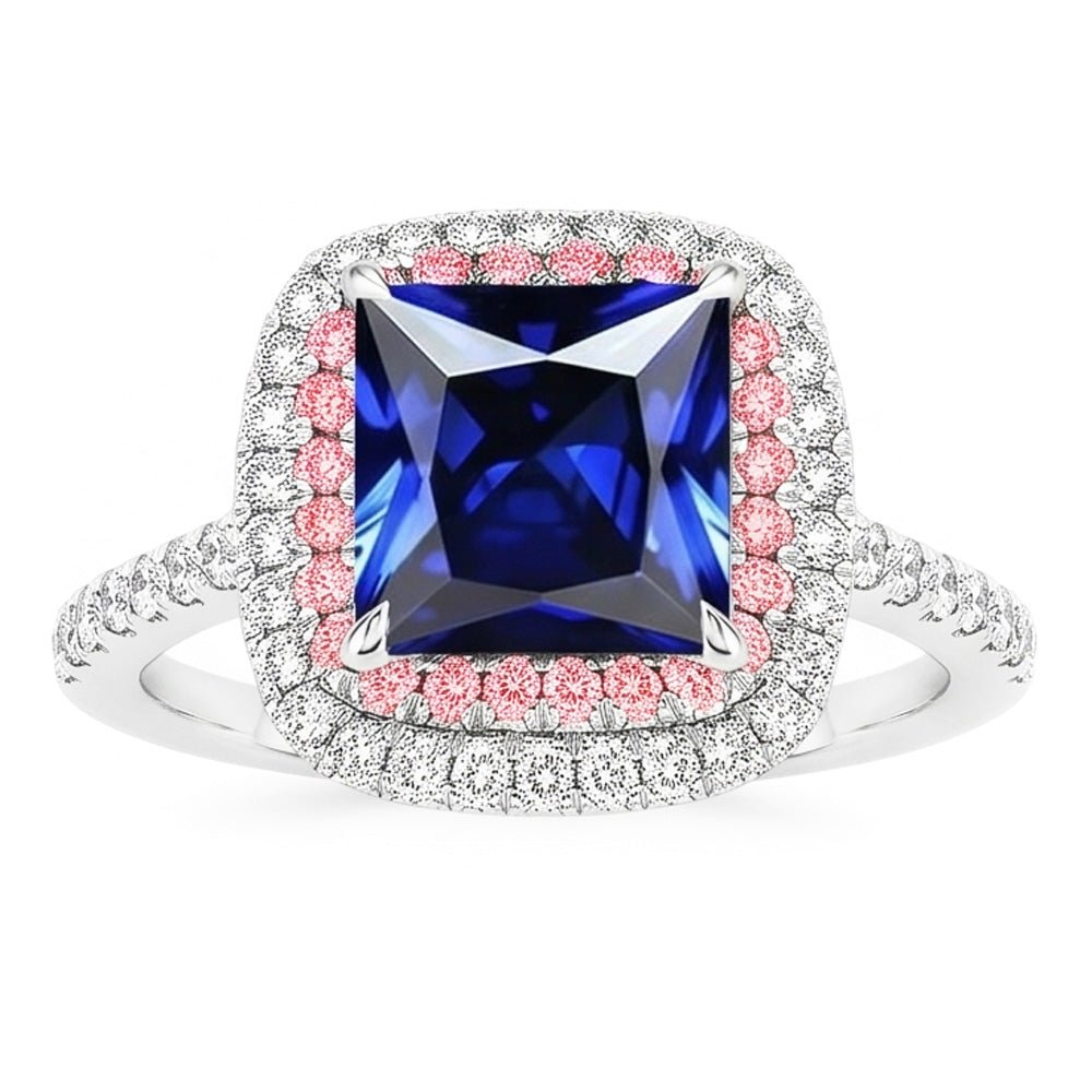 Anello con gemme e diamanti. zaffiro blu e rosa. doppio alone. 6.50 carati d'oro
