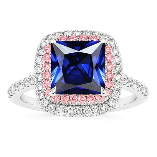 Anello con gemme e diamanti. zaffiro blu e rosa. doppio alone. 6.50 carati d'oro