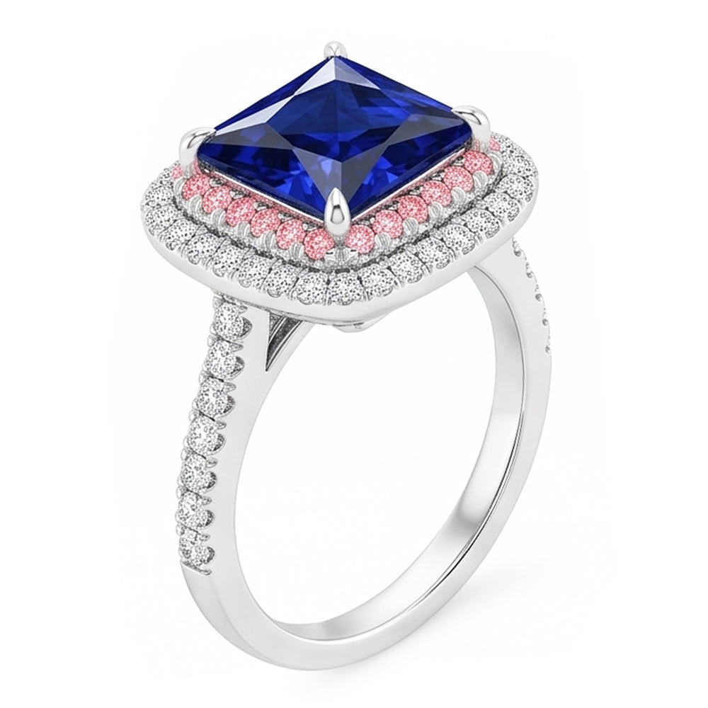Anello con gemme e diamanti. zaffiro blu e rosa. doppio alone. 6.50 carati d'oro
