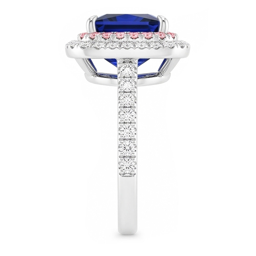 Anello con gemme e diamanti. zaffiro blu e rosa. doppio alone. 6.50 carati d'oro