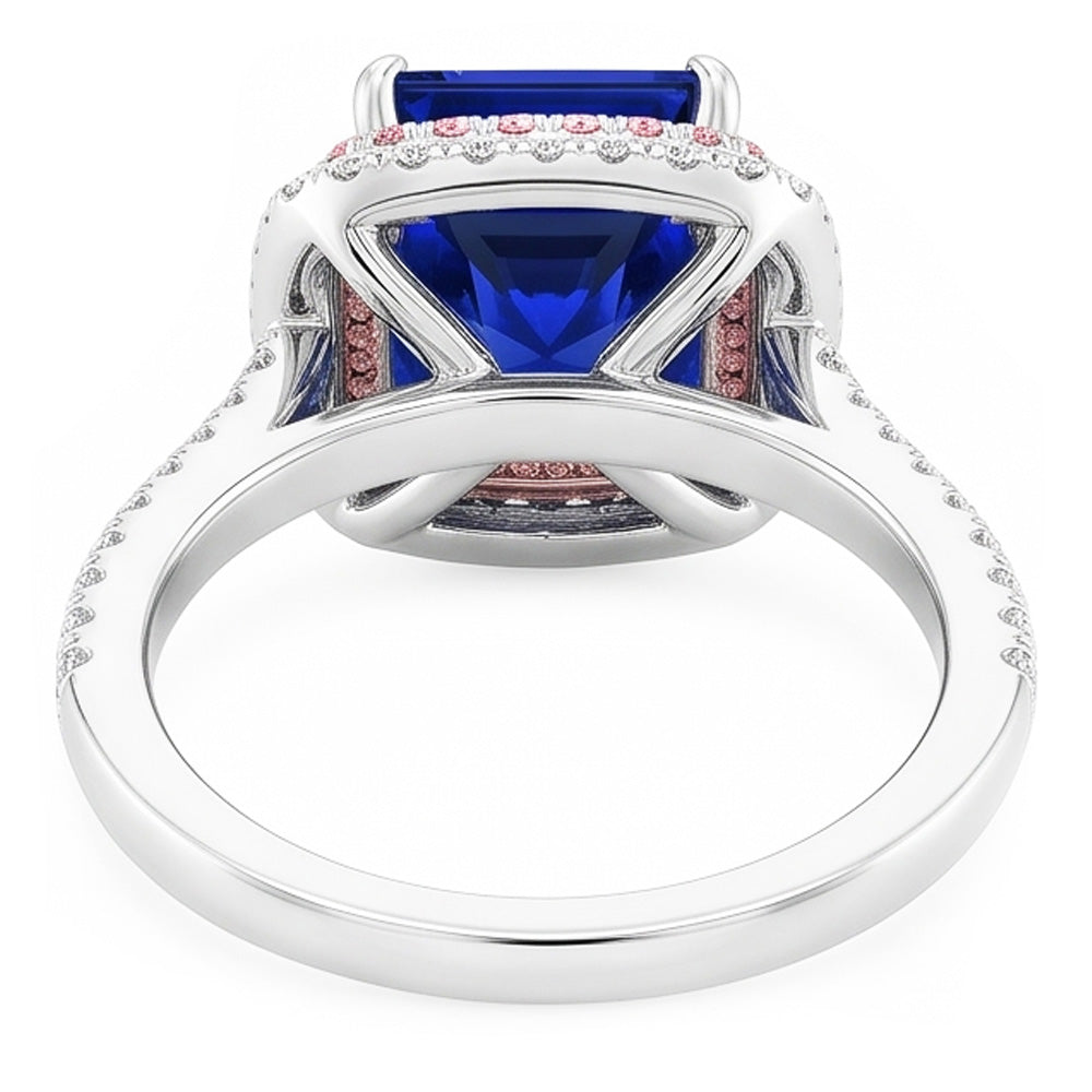 Anello con gemme e diamanti. zaffiro blu e rosa. doppio alone. 6.50 carati d'oro