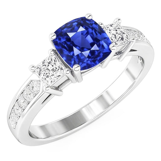 Anello con gioielli in zaffiro a forma di principessa e diamante rotondo da 3,50 carati