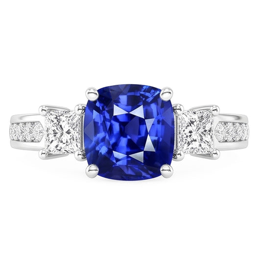 Anello con gioielli in zaffiro a forma di principessa e diamante rotondo da 3,50 carati
