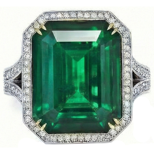 Anello con grande diamante con smeraldo verde taglio smeraldo. Oro massiccio bicolore da 24,75 ct