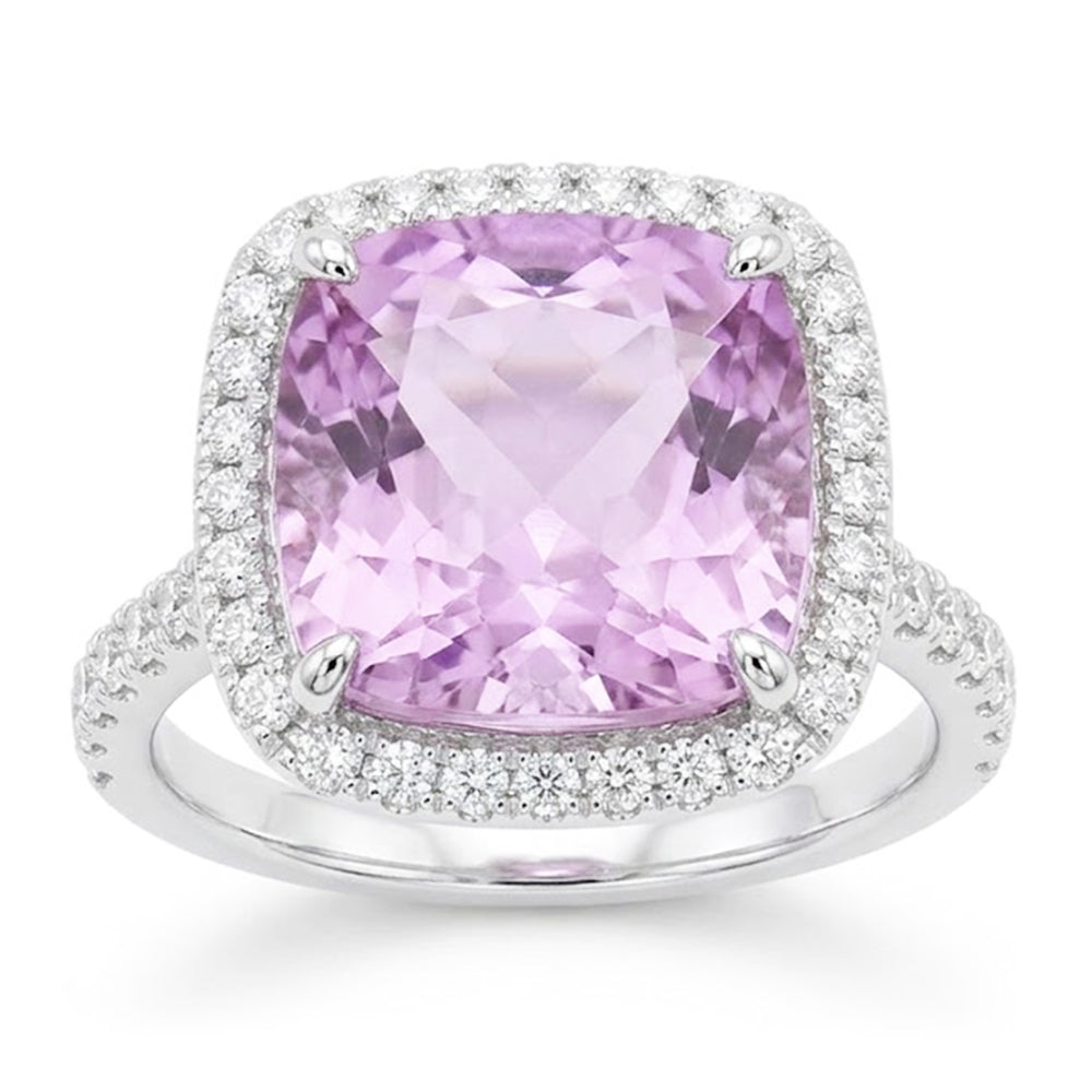 Anello con kunzite rosa e diamanti taglio cuscino in oro bianco 14 kt 30.40 ct
