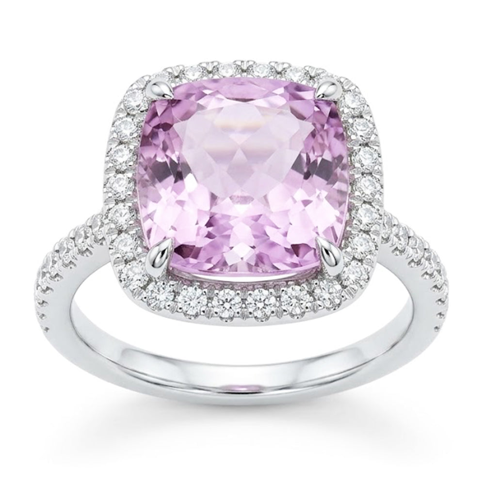 Anello con kunzite rosa e diamanti taglio cuscino in oro bianco 14 kt 30.40 ct