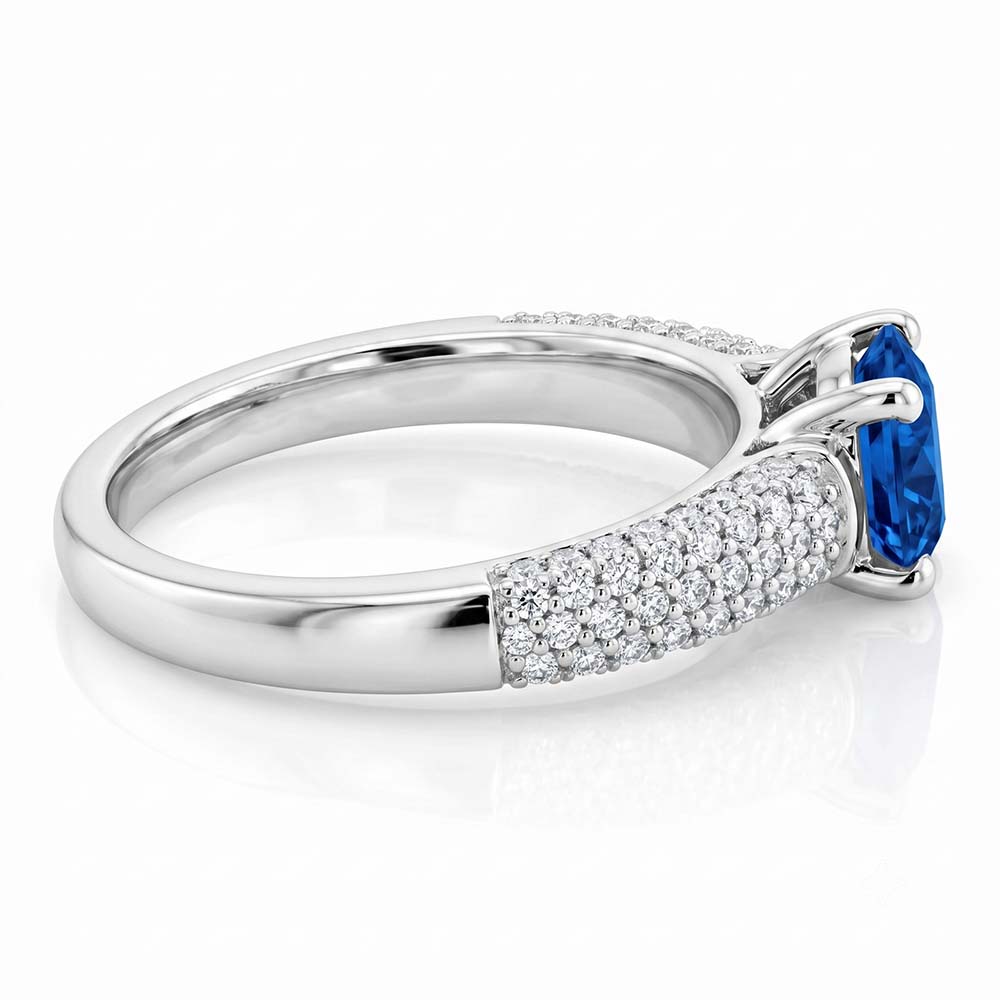 Anello con pavé di diamanti blu zaffiro 2 carati oro bianco 14K