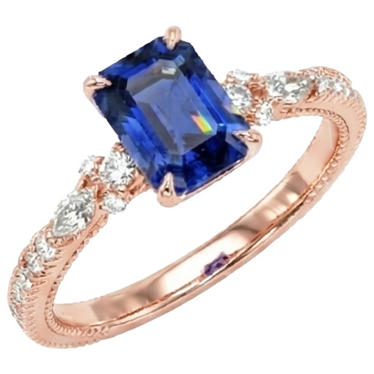 Anello con pavé di diamanti in oro rosa con zaffiro blu radiante 4 carati