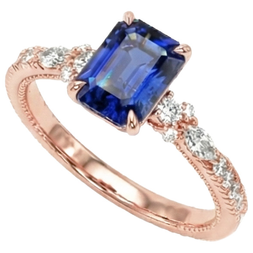 Anello con pavé di diamanti in oro rosa con zaffiro blu radiante 4 carati