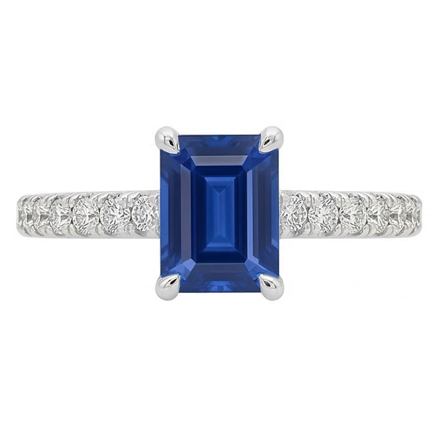 Anello con pavé di pietre preziose di zaffiro blu solitario da 2,50 carati in oro bianco 14K