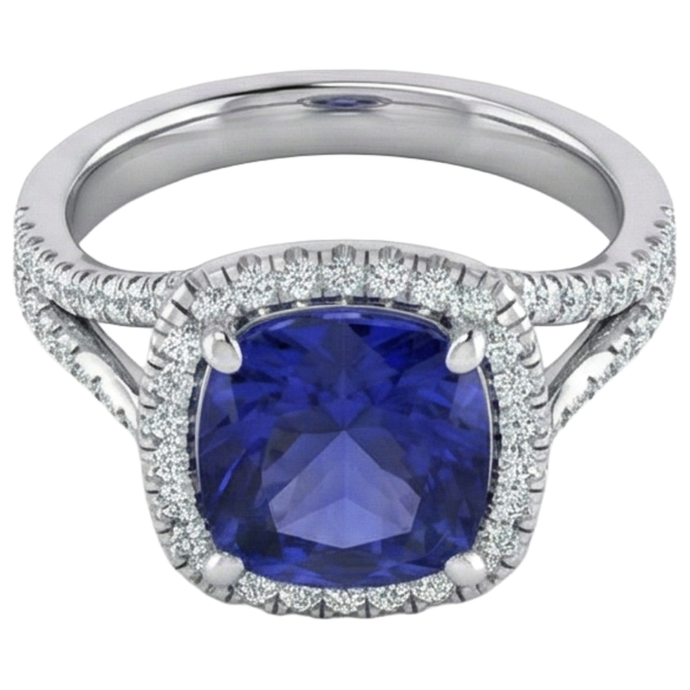 Anello con pietra preziosa a forma di cuscino in tanzanite da 6,50 carati con gambo diviso