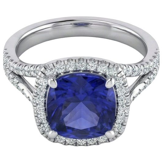 Anello con pietra preziosa a forma di cuscino in tanzanite da 6,50 carati con gambo diviso