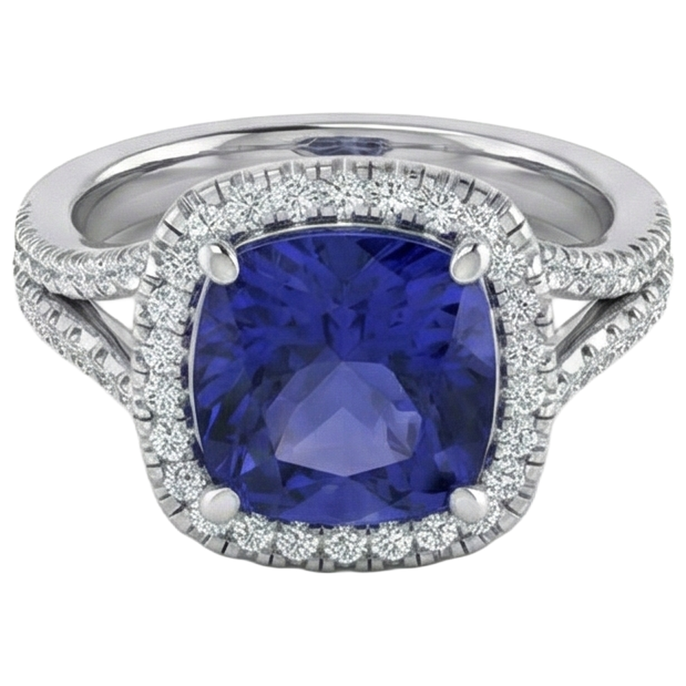 Anello con pietra preziosa a forma di cuscino in tanzanite da 6,50 carati con gambo diviso