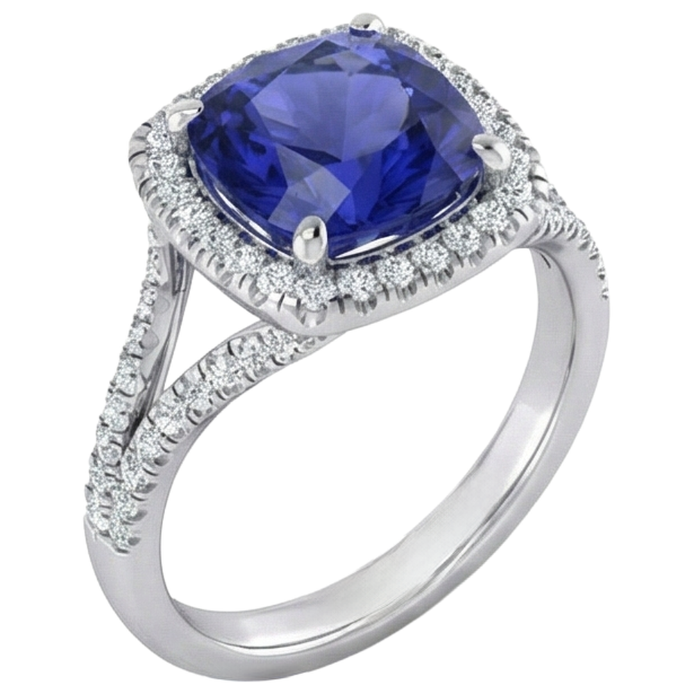 Anello con pietra preziosa a forma di cuscino in tanzanite da 6,50 carati con gambo diviso