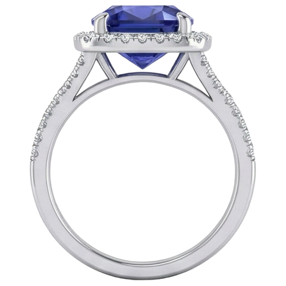 Anello con pietra preziosa a forma di cuscino in tanzanite da 6,50 carati con gambo diviso