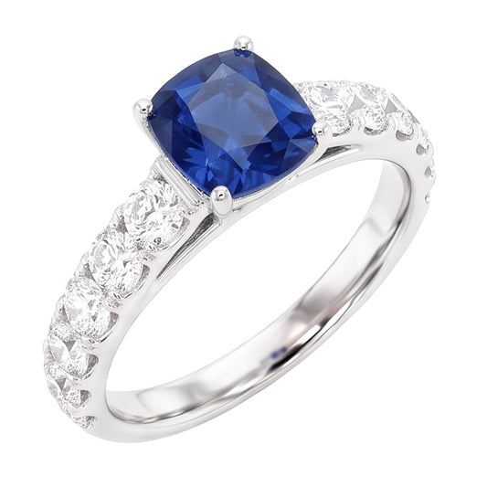 Anello con pietra preziosa blu zaffiro cuscino rotondo diamante 3 carati oro bianco