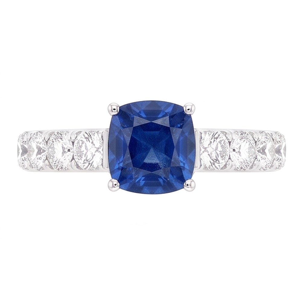Anello con pietra preziosa blu zaffiro cuscino rotondo diamante 3 carati oro bianco
