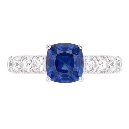 Anello con pietra preziosa blu zaffiro cuscino rotondo diamante 3 carati oro bianco